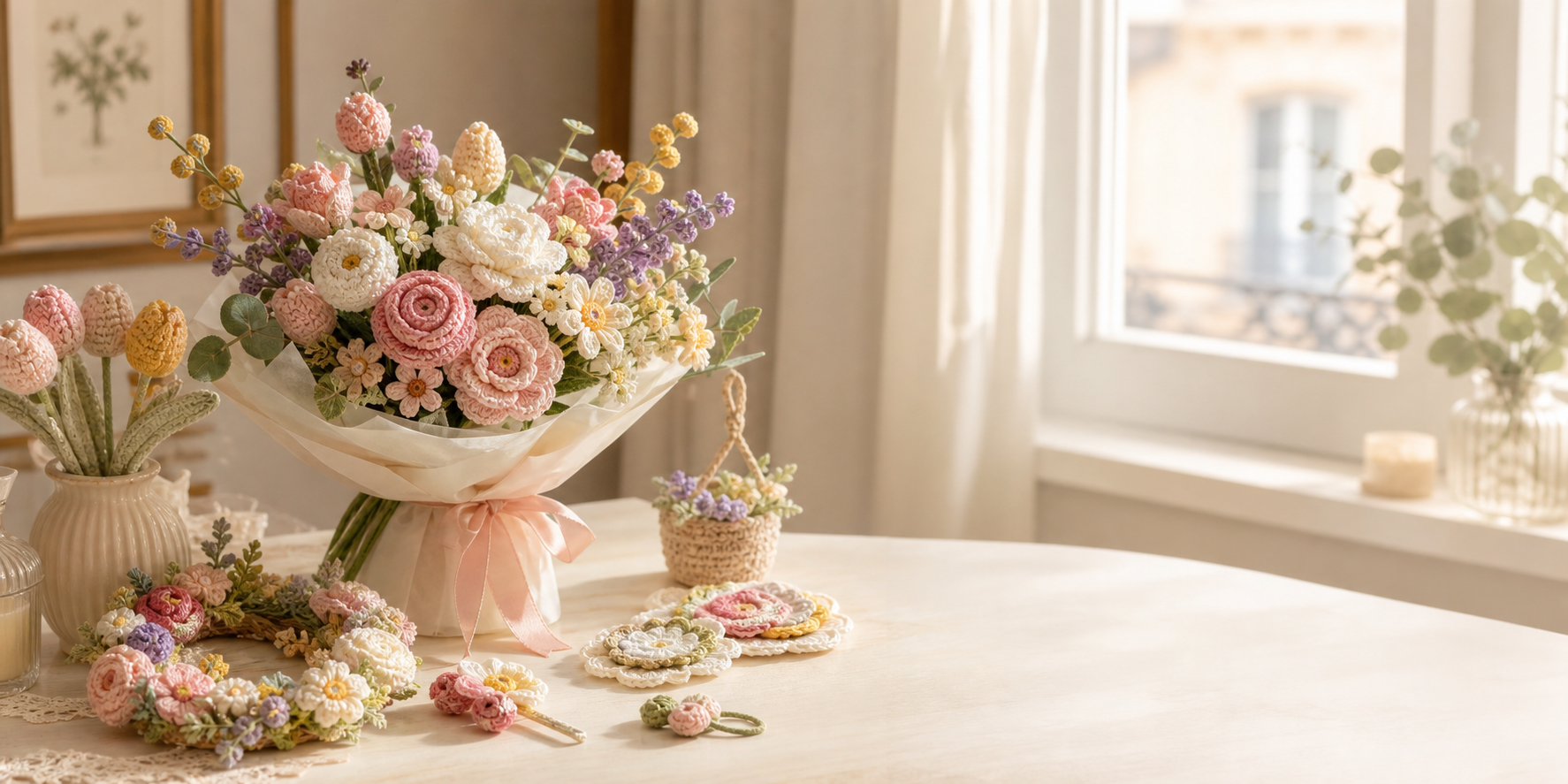 Bouquets de fleurs faits main et accessoires floraux sur une table claire